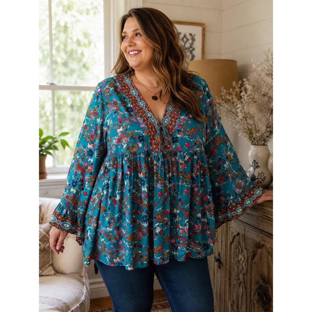 Cynthia Rowley 2X Boho Floral Tunic Top Teal Bell Sleeve Peasant Blouse Plus Sz